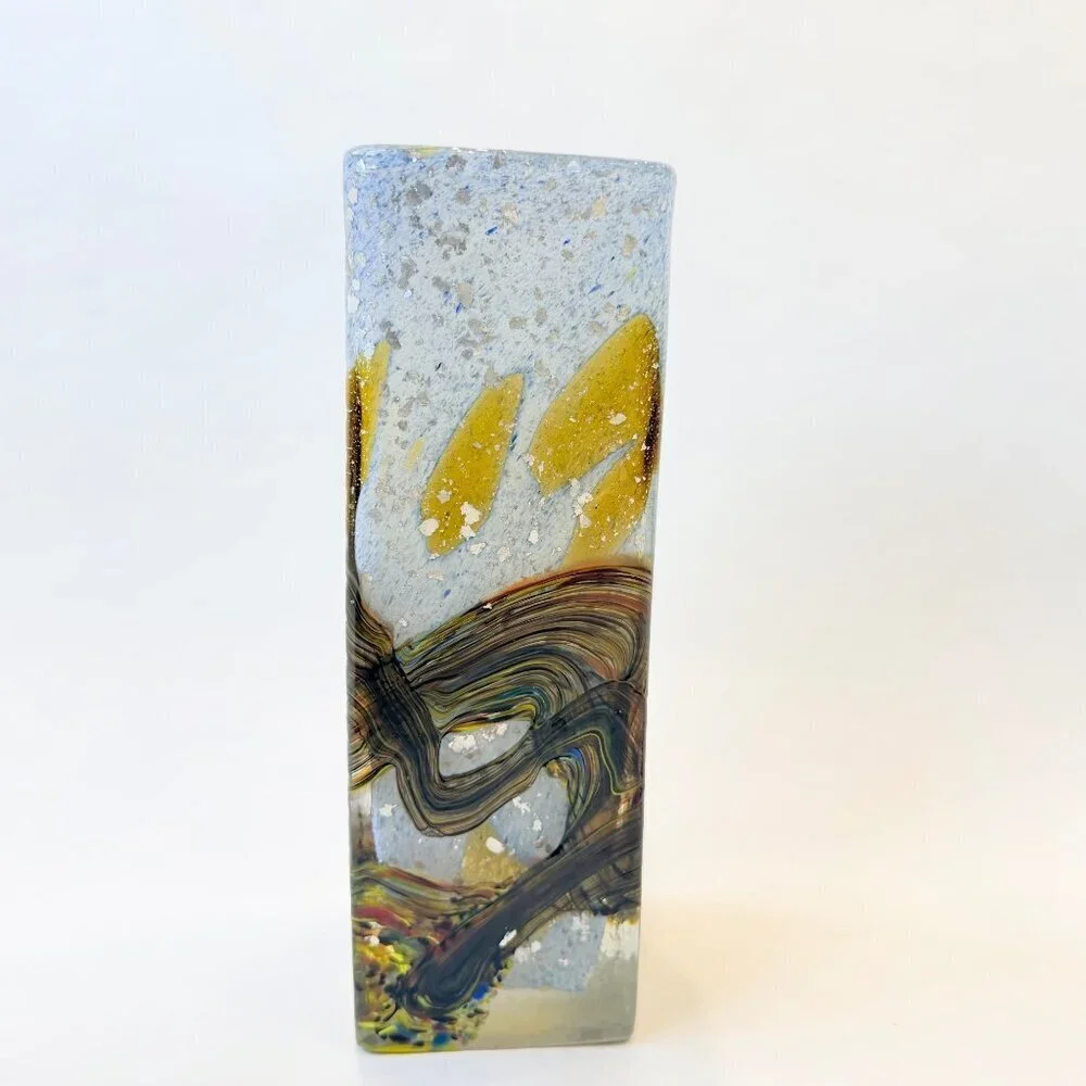 Vintage Handmade Artisan Abstract details Square Glass Vase